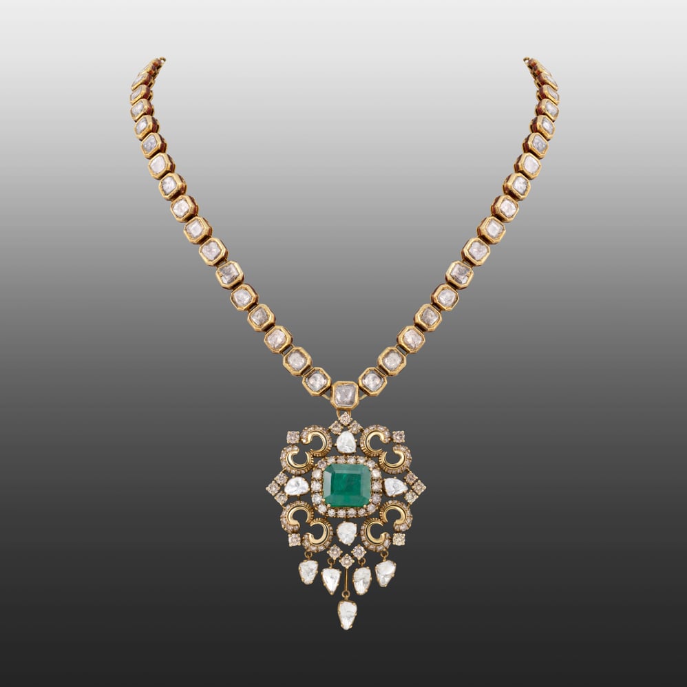 Victorian Pendant with Zambian Emerald and Polki Diamonds